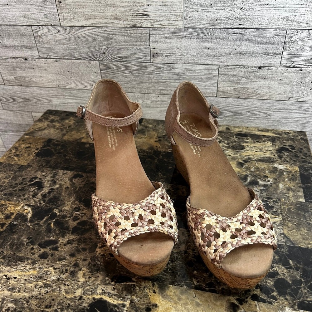 TOMS Platform Wedge Tan Stucco Suede‎ Woven Open Toe Cork Sandals Womens US 8